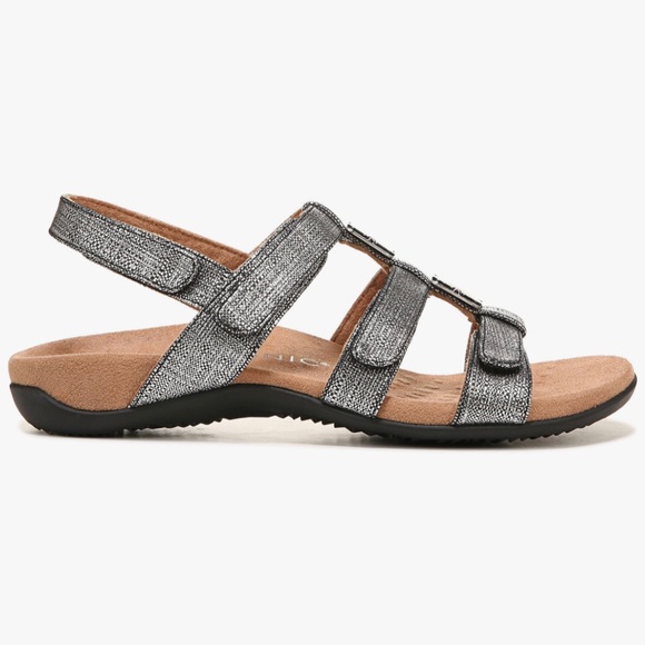 NEW Vionic Amber Adjustable Backstrap Slide Sandals Black Metallic Linen - Picture 4 of 4